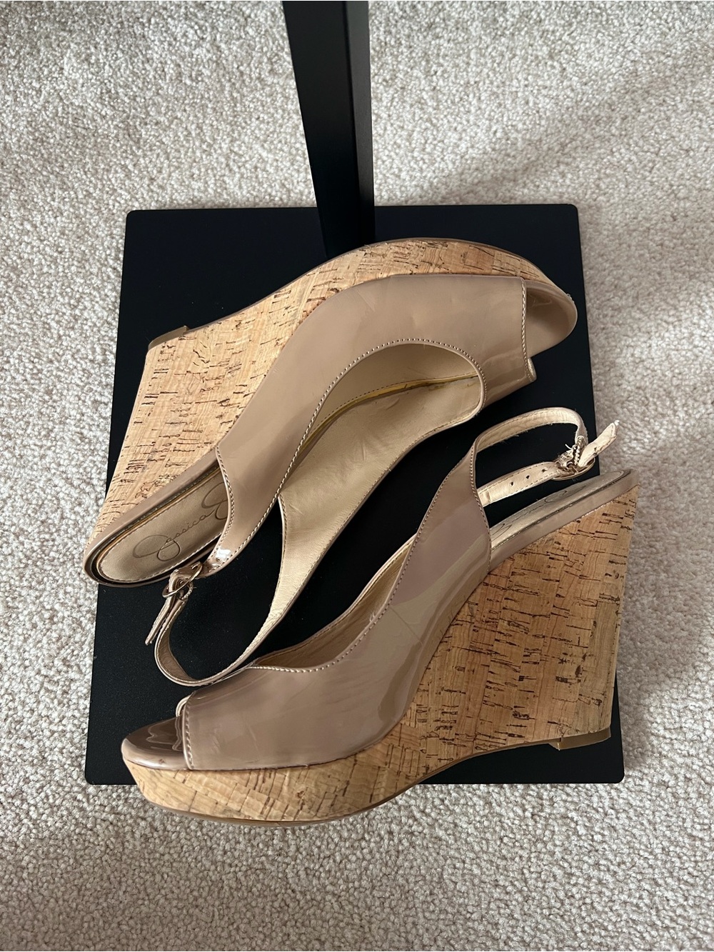 Jessica Simpson Nude Patent Cork Wedge Slingback Sandals